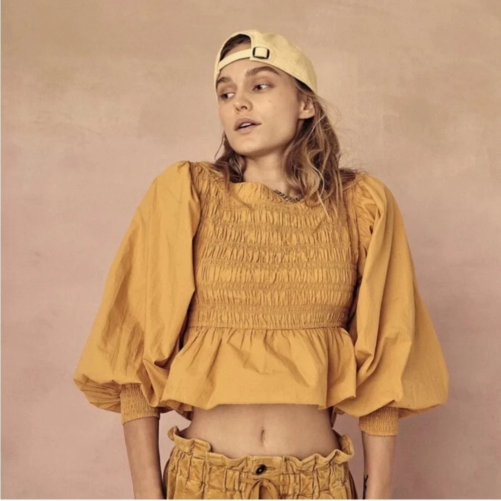 Free People Yellow Smocked Poplin Off The Shoulder Top SP Puff Sleeve Boho